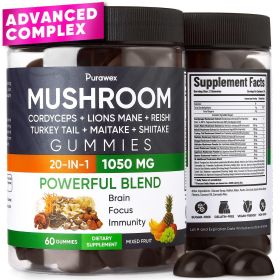 Mushroom Gummies 20 in 1 Mushroom Complex 1050 MG Cordyceps Reishi Turkey Tail Maitake Shiitake Lion Mane Mushroom Supplement for Immune Focus Energy